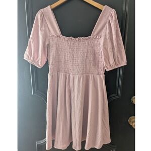 Nine West Lavender‎ Smocked Square Neck Puff Sleeve Babydoll Mini Dress Womens M